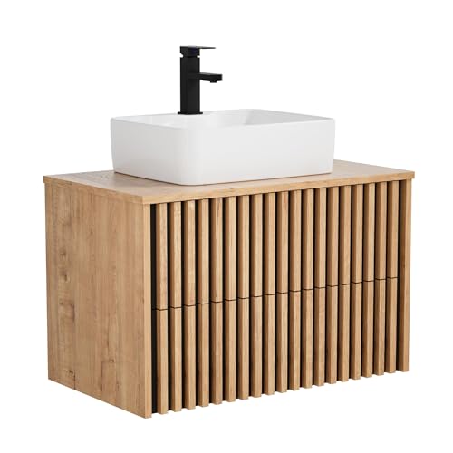 UEV Waschtisch mit Unterschrank, Waschbeckenunterschrank hängend 81cm Badmöbel Set, Waschplatz Keramik Waschbecken, ausreichend Stauraum Platzsparender Badezimmmer Möbel für Gäste WC Natur