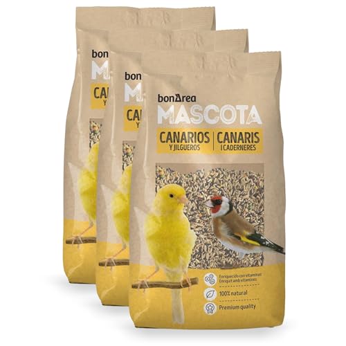 BonÀrea - Mixtura de Semillas - 3 x 1 KG - Canarios y Jilgueros Alimento 100% Natural - Enriquecido con Vitaminas - Alimentación Completa y Equilibrada - Fabricado en España