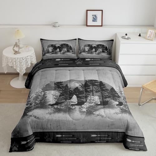 Feelyou Cabin Rustic Bear Bedding Set King Size Kids Wild Animal Farmhouse Comforter Cover for Boys Girls Teens Nature Wildlife Wooland Hunting Duvet Cover Gray Quilt Set Soft Microfiber