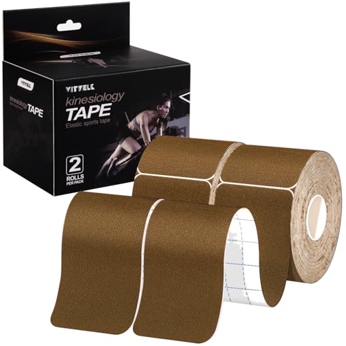 VityElk Kinesiology Tape PreCut Strips 2In x 10In 20 Count- Elastic Sports Tape for Muscle & Joint Pain Relief, Waterproof Support, Athletic Recovery, Physical Therapy (Brown 2 Roll)