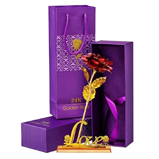 UD HUB Beautiful 24K Golden Red Rose with Love Stand Gift Box With ...