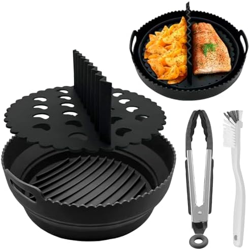 Air fryer silicone liners – Bundle with separator with holes, food tong and cleaning brush – reusable silicone air fryer liners for 5qt to 7qt basket capacity