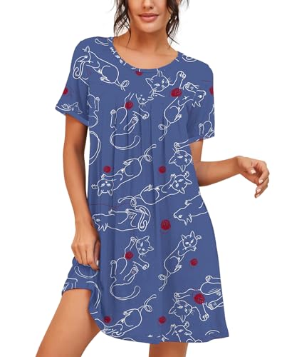 PrinStory Womens Sleepwear Short Sleeve Nightgown Soft Sleepshirt Pleated Nightshirt Scoopneck Casual Loungewear, Fp-blue Cute Cat, Medium