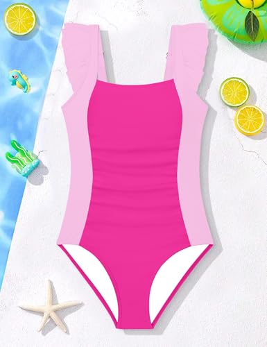 Image of Girls Swimsuit Ruffle Solid One Piece Bathing Suits 7-18 Years | Teen Bathing Suits for Girls Ruched Sleeveless Girls' Swimwear