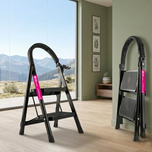 Image of Casa Copenhagen Black 2 Step Ladder for Home Use with Built-in Tool Tray | Heavy Duty D Shape Rods | Ultra Large Platform | Wide Rubber Feet | 150Kg Capacity Foldable Ladder - 7 Years Warranty