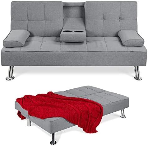 Best Choice Products Linen Upholstered Modern Convertible Folding Futon Sofa Bed for Compact Living Space, Apartment, Dorm, Bonus Room w/Removable Armrests, Metal Legs, 2 Cupholders - Gray