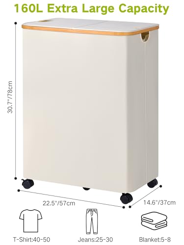 Image of efluky Double Laundry Hamper with Wheels, Divided Laundry Hamper with Removable Bags, 2 Section Dirty Clothes Basket with Handles for Bathroom, Bedroom & Laundry Room, 160L Beige