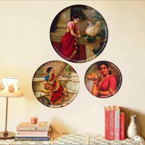 Image of the atrAng Alloy Steel, Carbon Steel Raja Ravi Varma Decorative Wall Plates Set | Vintage Indian Art for Living Room & Home Decor | Hanging Plates for Wall Aesthetic (Set of 3)