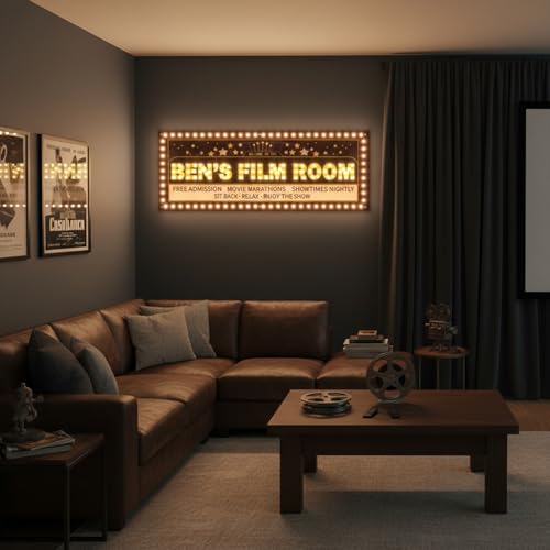 Image of Custom Movie Theater Marquee Sign with LED Bulbs | Home theater, cinema room, man cave, bottle service sign, vintage style, personalized light, 20-60 inch
