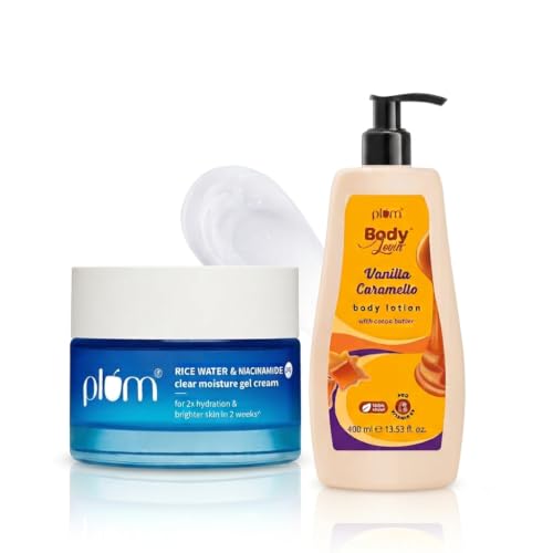 Image of Plum 2% Niacinamide & Rice Water Gel Moisturizer 50g + BodyLovin' Vanilla Caramello Body Lotion 400ml | Face & Body Hydration Duo