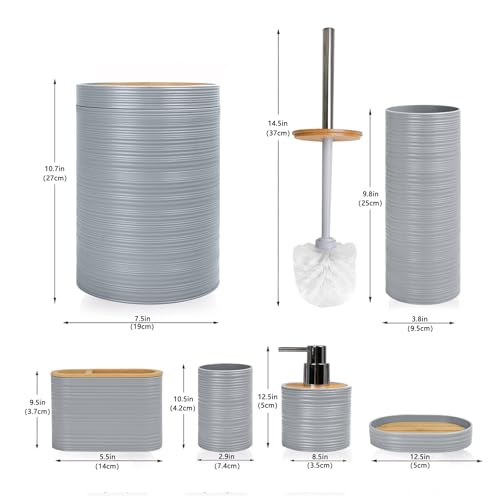 CERBIOR Bathroom Accessories Set 6 Piece Bamboo Bath Ensemble Includes Soap Dispenser, Toothbrush Holder, Toothbrush Cup, Soap Dish for Decorative Countertop and Housewarming Gift, Sriral Grey by CERBIOR - Image 4