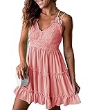 Women's Dresses Casual V Neck Flowy Mini Dress Adjustable Strap Lace Dress Short Beach Dress Sundress Pink