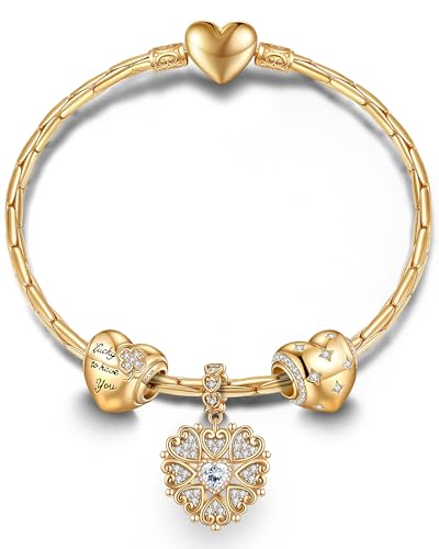 GONA Sterling Silver Love Charms Bracelet Set S925 Bamboo Chain Sparkling Handmade Heart Shape Lucky Jewelry 5A Cubic Zirconia With Enamel In 14K Gold Plated for Women Various Holiday Gifts