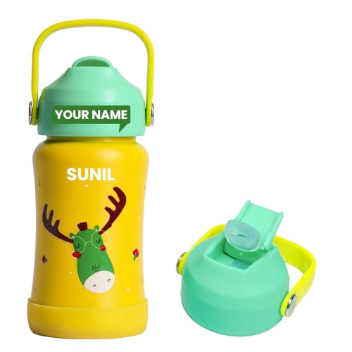 Image of Rabitat Steel Play Personalized Kids Stainless Steel Water Bottle 450ml | 2 Year Warranty | Leakproof Sipper, Soft Silicone Spout, Flip-Lock Cap & Handle, BPA-Free 18 /8 SS, Anti-Skid Base, Coolest Kid