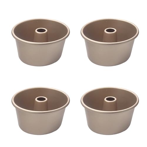 QJFCare 4 Inch Mini Fluted Tube Cake Pan, 4 Pack Nonstick Carbon Steel Fluted Tube Cake Cup, Mini Oven Baking Cup Mold Mould Bakeware for Kugelhopf, Cake, Brownie, Jello, Bavarois - Gold