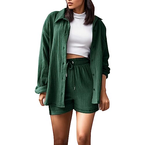 Linen Sets for Women 2 Piece Summer Long Sleeve Shirts and Workout Shorts Loose Fit Outfits Tracksuit Set for Girls, C-gn1, XX-Large