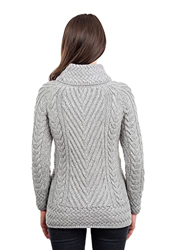 Saol Ladies Turtleneck Ribbed Irish Cable Knit Sweater (Grey, Small) #TOP2