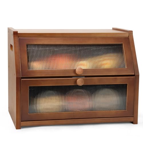 Large Bread Box for Kitchen Countertop, Wooden Bread Bin with Double Layer Storage and 0.6-inch Thick Natural Wood Panels, Rustic Bread Box Organizer for Kitchen (Retro Brown)