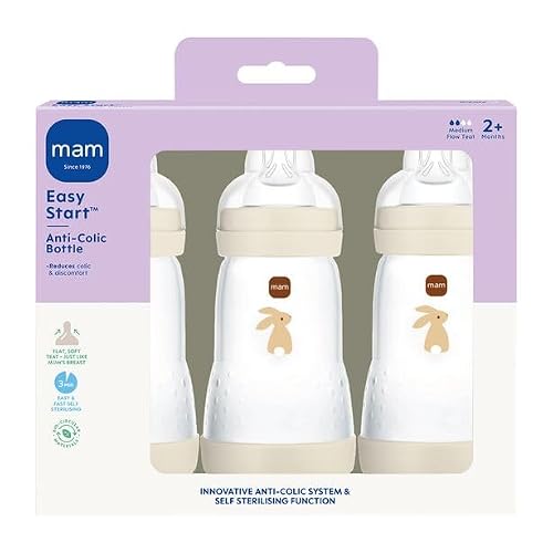 MAM Easy Start Anti-Colic Bottles, 3 x260ml, Self-Sterilising, Seashell