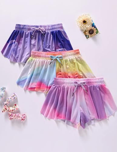 1 or 3 Pack Girls Flowy Shorts with Spandex Liner & Pocket, 2-in-1 Athletic Butterfly Shorts for Running Dance (Set 14, Medium)