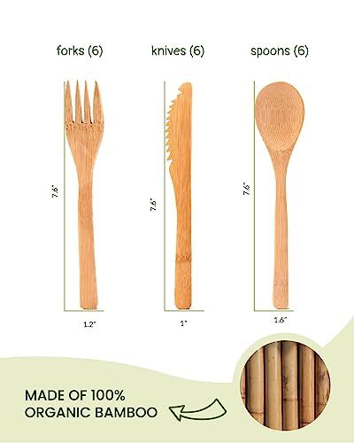 Bamboo Cutlery Set 18-Pieces Bamboo Forks Spoons & Knives - Reusable Bamboo Flatware For Picnic Party Travel Or Hiking Bamboo Utensil Cutlery Set - Wooden Compostable Silverware With Travel Pouch Bag #TOP3