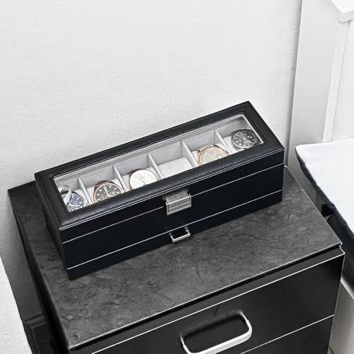 ProCase Uhrenbox mit 6 Fächern，Uhrenkasten mit Glasdeckel, 2 Ebenen, Uhrenkoffer mit herausnehmbaren Uhrenkissen, Uhrenschatulle für Schmuck, Ringe, Armbänder und Halsketten -Schwarz