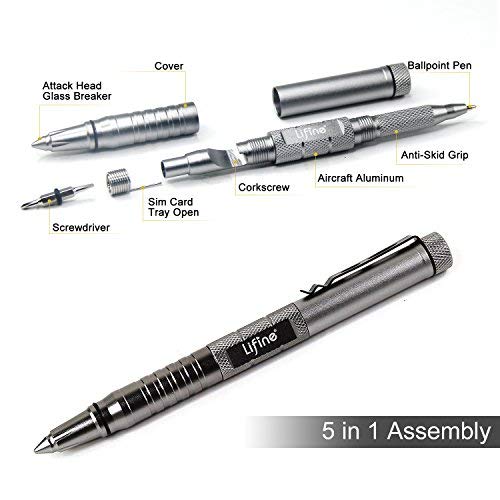 Lifine Tactical Pen 5-in-1 Self Defense Multitool Pen for Personal Protection with Ballpoint Pen, Both End Screwdrivers, Glass Breaker, Bottle Opener SIM Card Needle (Silver) …