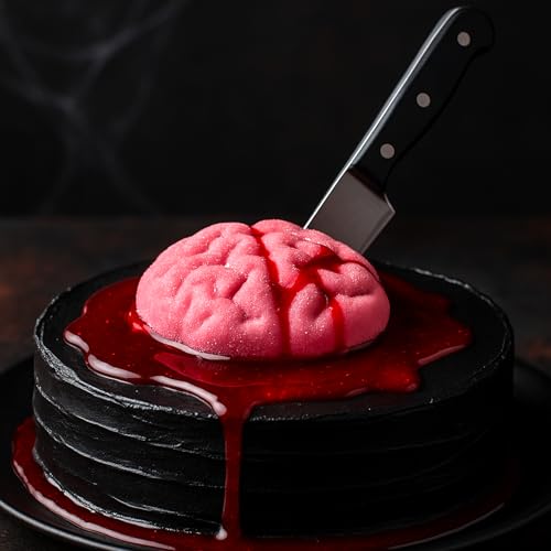 MIJOMA XL Halloween Marshmallow Gehirne 2er Set mit blutigem Candygel 2x80g rosa & grün Erdbeergeschmack gruselige Süßigkeit für Halloween Party Deko Süßes oder Saures