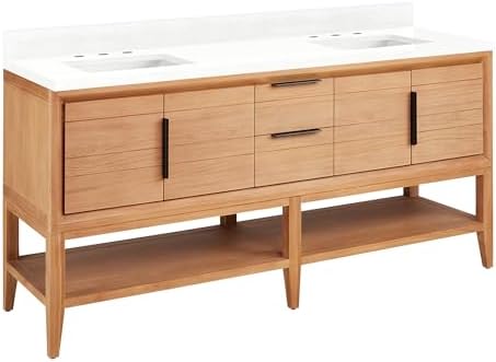 Signature Hardware 955226-72-rumb-3 Aliso 72" Console Teak Double Basin Vanity Set with Cabinet, Vanity Top, and Rectangular Undermount Sinks - 8" Faucet Holes - Natural Teak/Feathered White