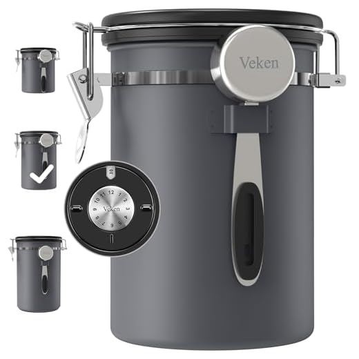 Veken Coffee Canister, Airtight Stainless Steel Kitchen Food Storage Container with Date Tracker and Scoop for Beans, Grounds, Tea, Flour, Cereal, Sugar, 22OZ, Gray