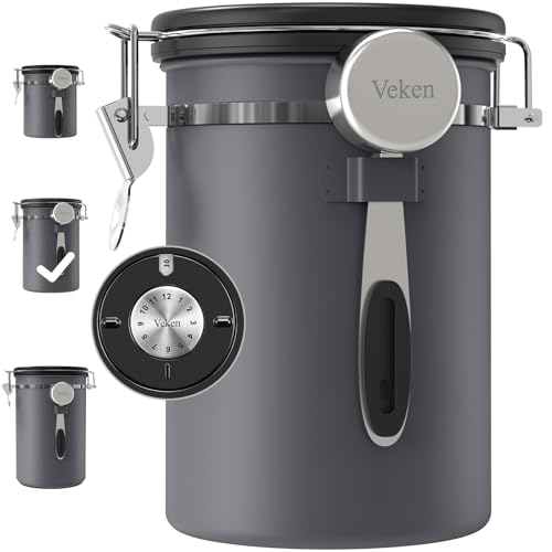Veken Coffee Canister, Airtight Stainless Steel Kitchen Food Storage Container with Date Tracker and Scoop for Grounds Coffee, Beans, Tea, Flour, Cereal, Sugar, 22OZ, Gray by Veken - Used condition - US$21.04
