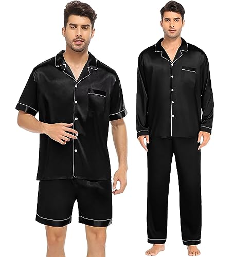 SWOMOG Mens Satin Silk Pajamas Set 3pcs Short Sleeve Sleepwear Silky Button Down Pjs Sets Classic Loungewear Nightwear3
