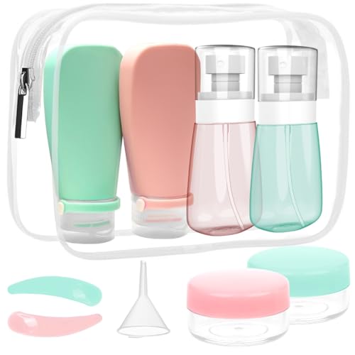 Image of RELANOR Pack 2 Small Spray Bottle Travel Size 2oz /60ml - Fine Mist Mini Empty Spray Bottles - Leak Proof - for Toners, Face & Hair Mist, Clear White , Clear Blue, Travel Bottle Kit - Pack 9, Premium