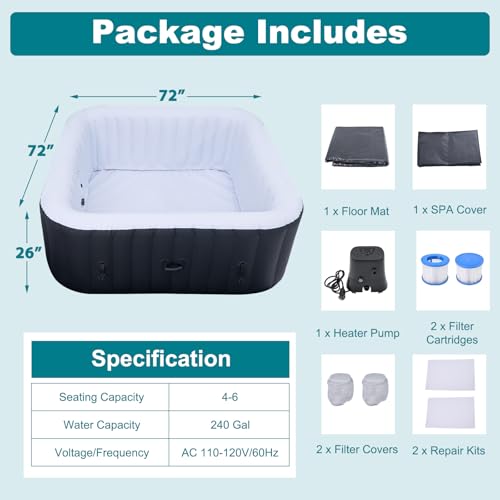 Mosener 73\"X73\"X25\" Hottub, 4-6 Person Inflatable Hot Tub, Portable Blow Up Hot Tub Square Portable Outdoor Spa with 130 Bubble Jets and Heater Pump, Filter - Thumbnail 3
