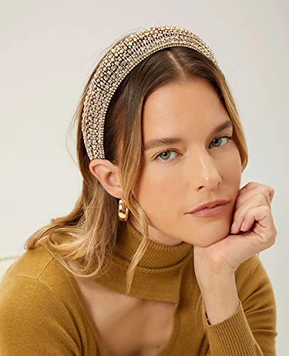 Wecoe 1Pc Rhinestone Headband Women Girls Thick Padded Headband Bling Glitter Sparkly Gold Diamond Headband Fashion Head Band Holiday Formal Homecoming Hair Accessories For Women Girls Gifts #TOP2