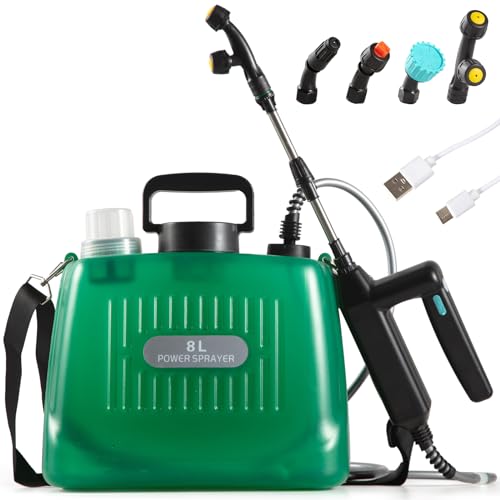 Battery Powered Garden Sprayer 2 Gallon, Rechargeable Pump Sprayer with 4 Mist Nozzles & Retractable...