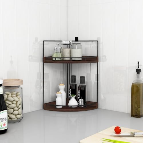 Image of Dorhors 2-Tier Bathroom Counter Organizer,Vanity Counter Corner Shelf, Skincare, Wood Countertop Bathroom Storage and Organization for Kitchen (Walnut)