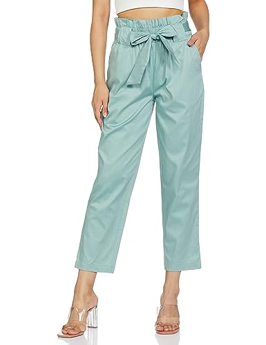 Image of Amazon Brand - Symbol Women's Slim High Rise Ankle Length Tapered Paper Bag Formal Trousers (with Self Fabric Belt) (Available in Plus Sizes)