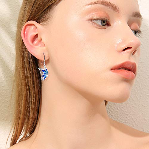 Butterfly Drop Earrings, 925 Sterling Silver Hypoallergenic Dangly Earrings For Sensitive Ears, Butterfly Jewelry Mother Day Gift For Women Daughter Girlfriend Butterfly Lovers With Gift Box (Blue) #TOP3