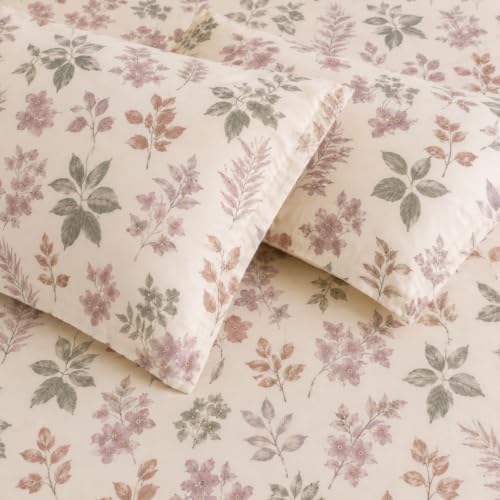 Image of Marrow Lane 300 TC Soft Air Cotton Double Bedsheet | Wild Meadow | Flatsheet with 2 Pillow Covers | Pink & Sage Floral Print (228.6 x 254 cm, Pink & White)