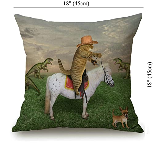 The Cat Cowboy On A Horse Grazes A Herd Of Dragons On The Farm Decorative Throw Pillow Cover Case Cushion Home Living Room Bed Sofa Car Cotton Linen Square 18 X 18 Inches #TOP3