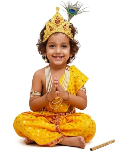 Image of BookMyCostume Polyester Krishna Yellow Polka Dot Costume Dhoti Patka with Heavy Pearl Jewellery and Mukut Set - Janmashtami Dress Costume for Baby Kanha - Boys & Girls 1-2 Years