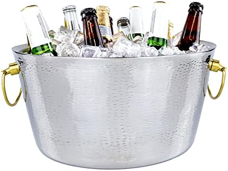 Insulated Metal Ice Bucket for Parties & Gifts- Double-Walled Hammered Stainless Steel Anchored Beverage Tub/Ice Bucket for Parties, Weddings, with Double-Hinged Gold Handles