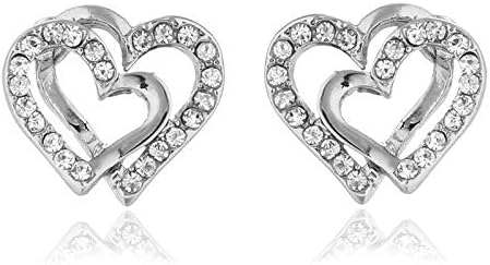 14K Rose Gold Silver Double Heart Shaped Necklace Shiny Crystal Stud Earrings Wedding Jewelry Set Best Gifts-Silver Set - Image 3