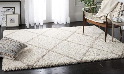 Image of Polyester Fluffy Fur Rugs & Modern Shaggy Floor Carpets for Living Room,Sofa Area,Hall,Kids Room,Guest Room | Elegent Bedside Runners for Besdroom(5X8 Feet Ivory Box)