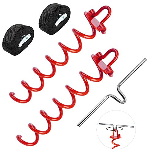 kit Ancrage au Sol Trampoline, Ancrage au Sol Forme en Spirale avec 2 Sangle Réglable et 1 Outil, Piquets d'ancrage és pour Balançoires, Abris de Jardin, Maisons de Jeu (Rouge)