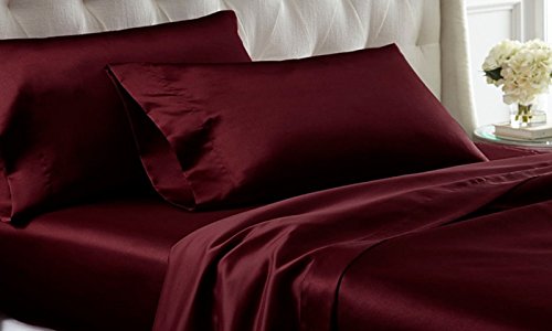 DreamyDestiny California King Size 4-Piece Sheet Set Premium 30 Momme Mulberry Silk Bed Sheets Set Fits 14-18" Deep Pocket (Solid, Wine)