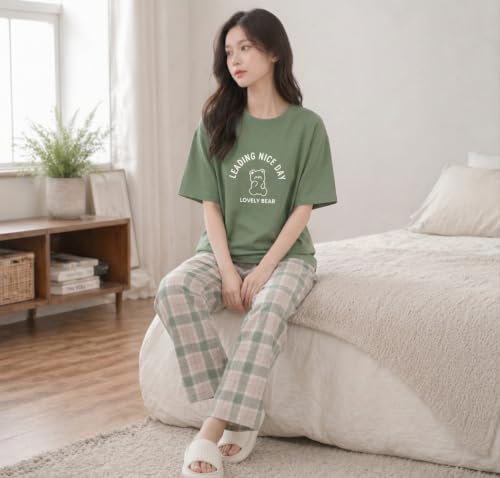 Image of Women's Korean Style Looper Fabric Nightsuit Set | Cute Print Half Sleeve T-Shirt & Pajama Set | Soft Comfortable Nightwear & Loungewear for Women