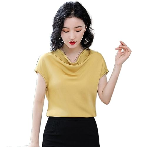 T-shirt d'été à manches courtes pour femme en satin jaune de bureau