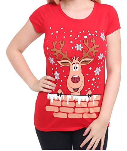STAR FASHION Christmas Short Sleeve Tops for Women Festive Xmas Rudolph Santa Red Nose Print T-Shirt-Reindeer-Wall-Red-20-22